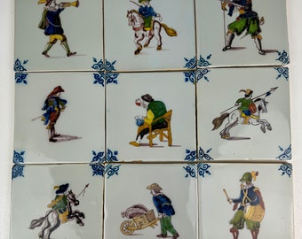 9 Vintage Hand Painted Makkum Tiles by Royal Tichelaar Dutch Pottery Bundle #5 Depicting Middle Ages Scenes, 5"x5"