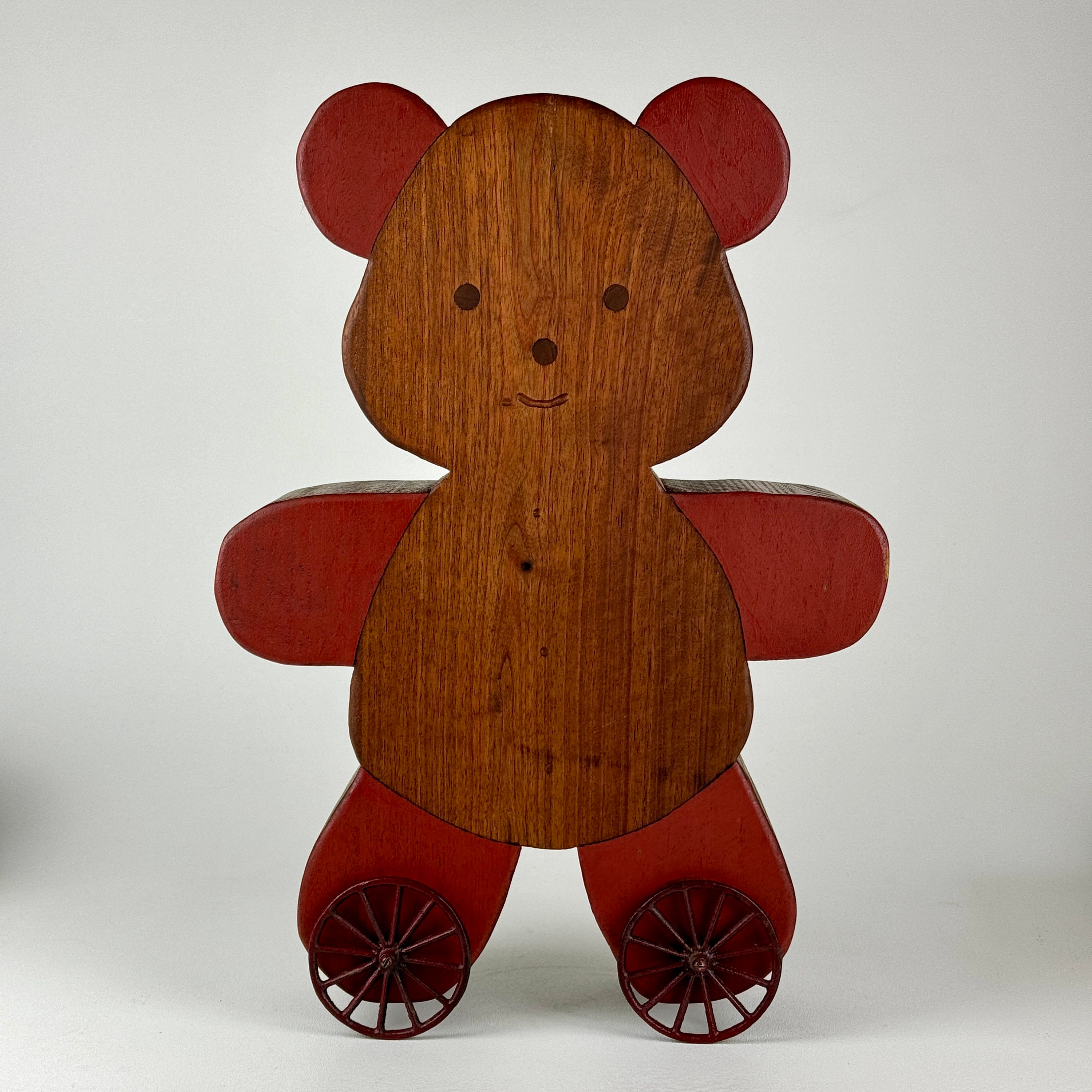Large Vintage Solid Wood Teddybear On Metal Wheels, Signed "Hoover"