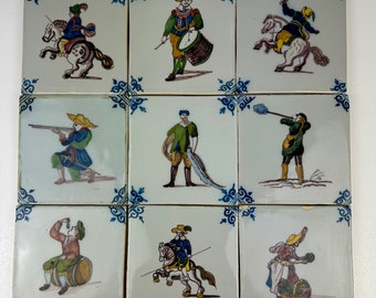 9 Vintage Hand Painted Makkum Tiles by Royal Tichelaar Dutch Pottery Bundle #2 Depicting Middle Ages Scenes, 5"x5"