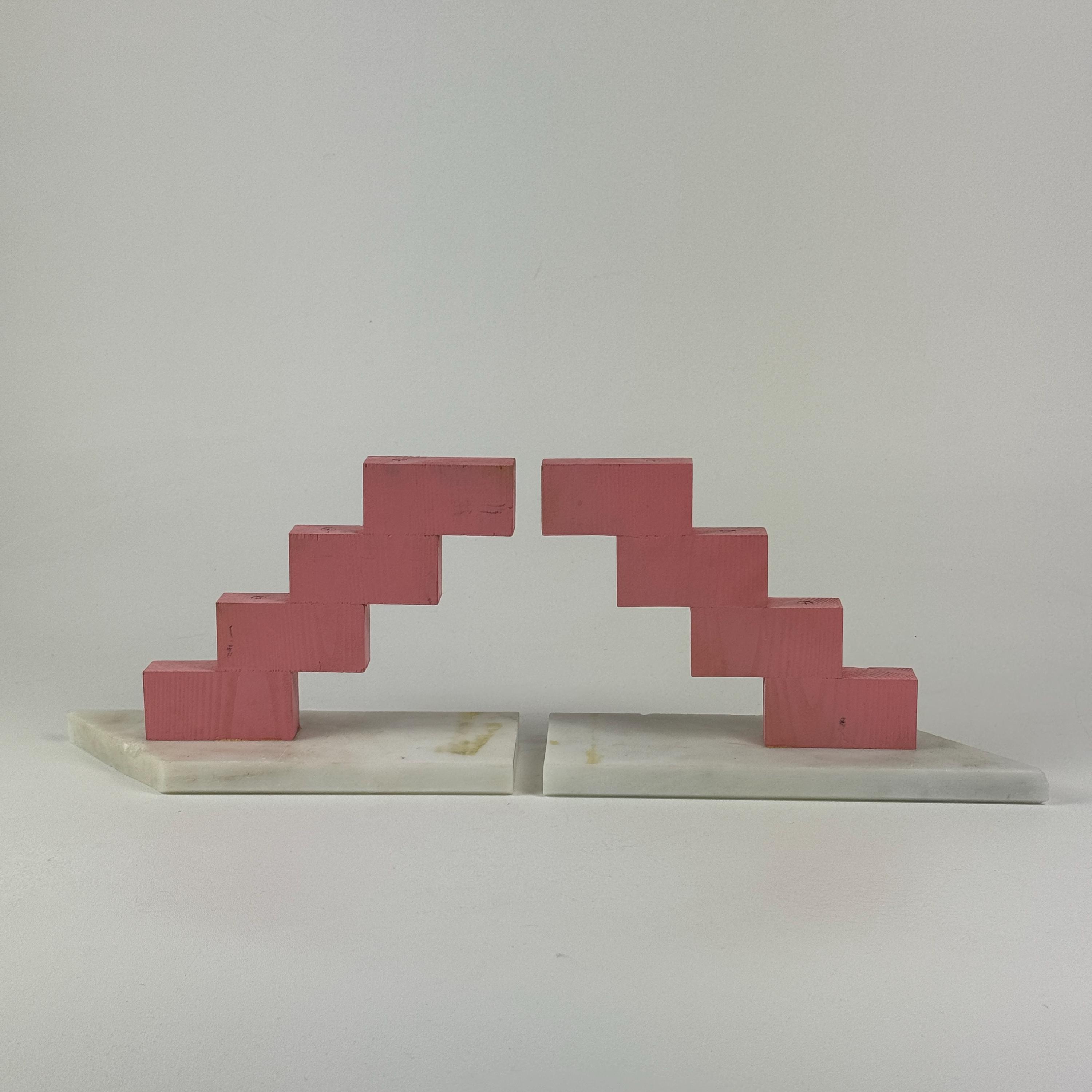 Unique Vintage Postmodern Memphis Design Pink Wood & White Marble Bookends