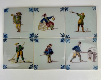 6 Vintage Hand Painted Makkum Tiles by Royal Tichelaar Dutch Pottery Bundle #6 Depicting Middle Ages Scenes, 5"x5"