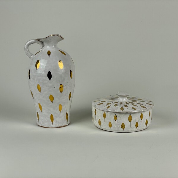 Pair Of Aldo Londi For Bitossi Feather Plume Ceramic Covered Dish & Pitcher Vase — MCM
