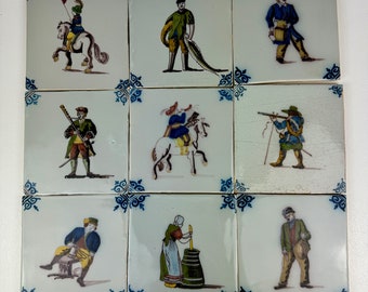 9 Vintage Hand Painted Makkum Tiles by Royal Tichelaar Dutch Pottery Bundle #3 Depicting Middle Ages Scenes, 5"x5"