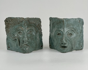 Theatrical Pair of Antique Architectural Salvage Ceramic Corner Decorative Tiles of Man & Woman