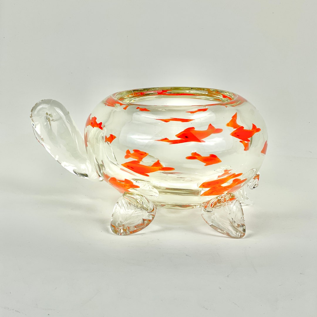 Vintage Handblown Glass Turtle Bowl With Goldfish Etsy