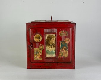 Rare Late 19th Century Red Metal Pie/Bread Safe Box With Decoupage Victorian Finish