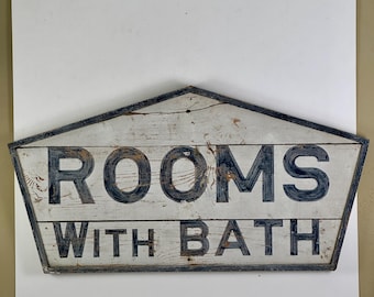Majestic "Rooms With Bath" Large Vintage Painted Wood Tourist Sign In House Shape