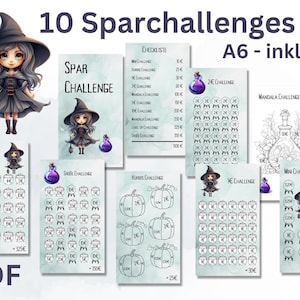 Small change savings challenge budget planner challenge with witches and magic potions savings challenge templates A6 to print out
