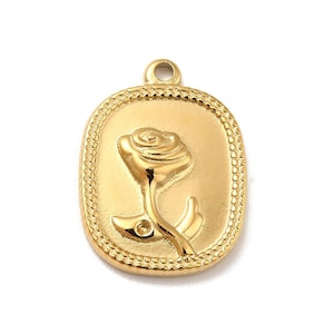 Rectangle Rose Pendant - 18K Gold Plated, Ion-Plated Stainless Steel Charm for Jewelry Making