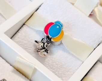 925 sterling silver rabbit with multicolor balloons charm bead fits Pandora