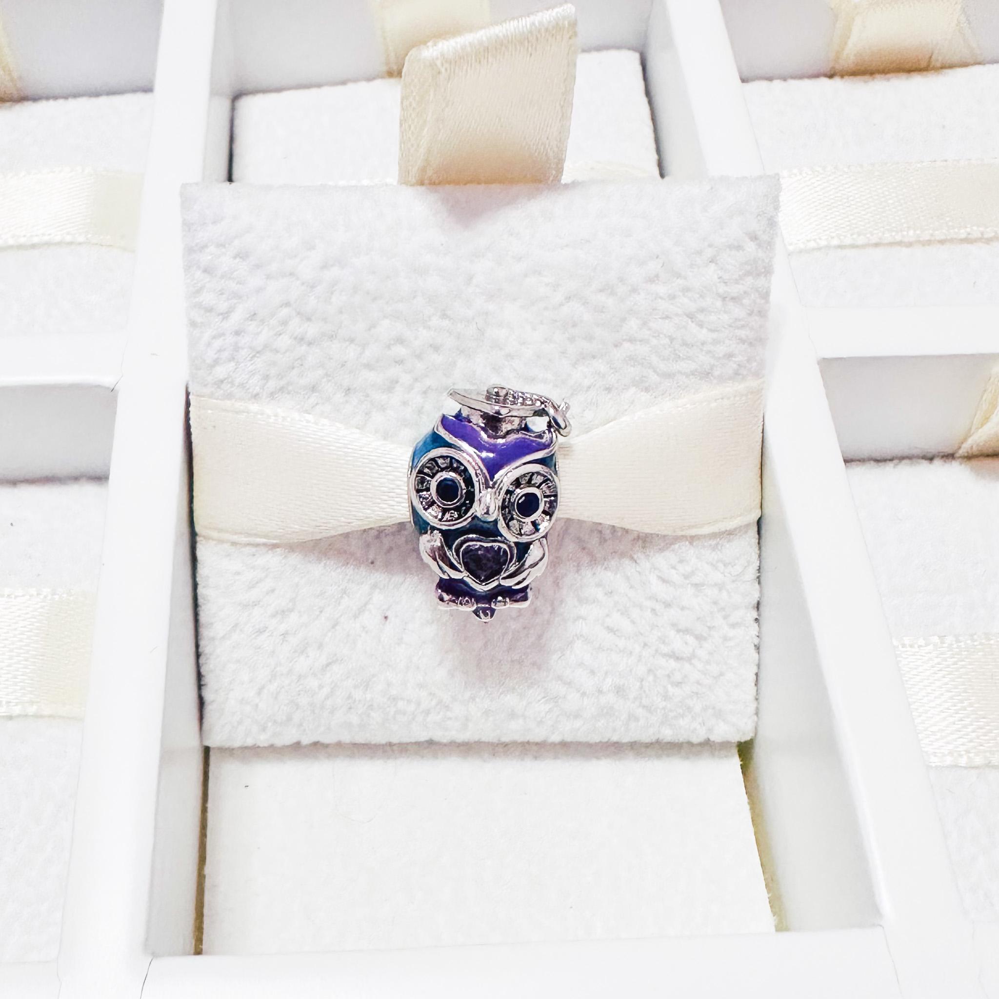 925 Sterling Silver Graduation Owl Charm Fits Charm Bracelets And Bangles