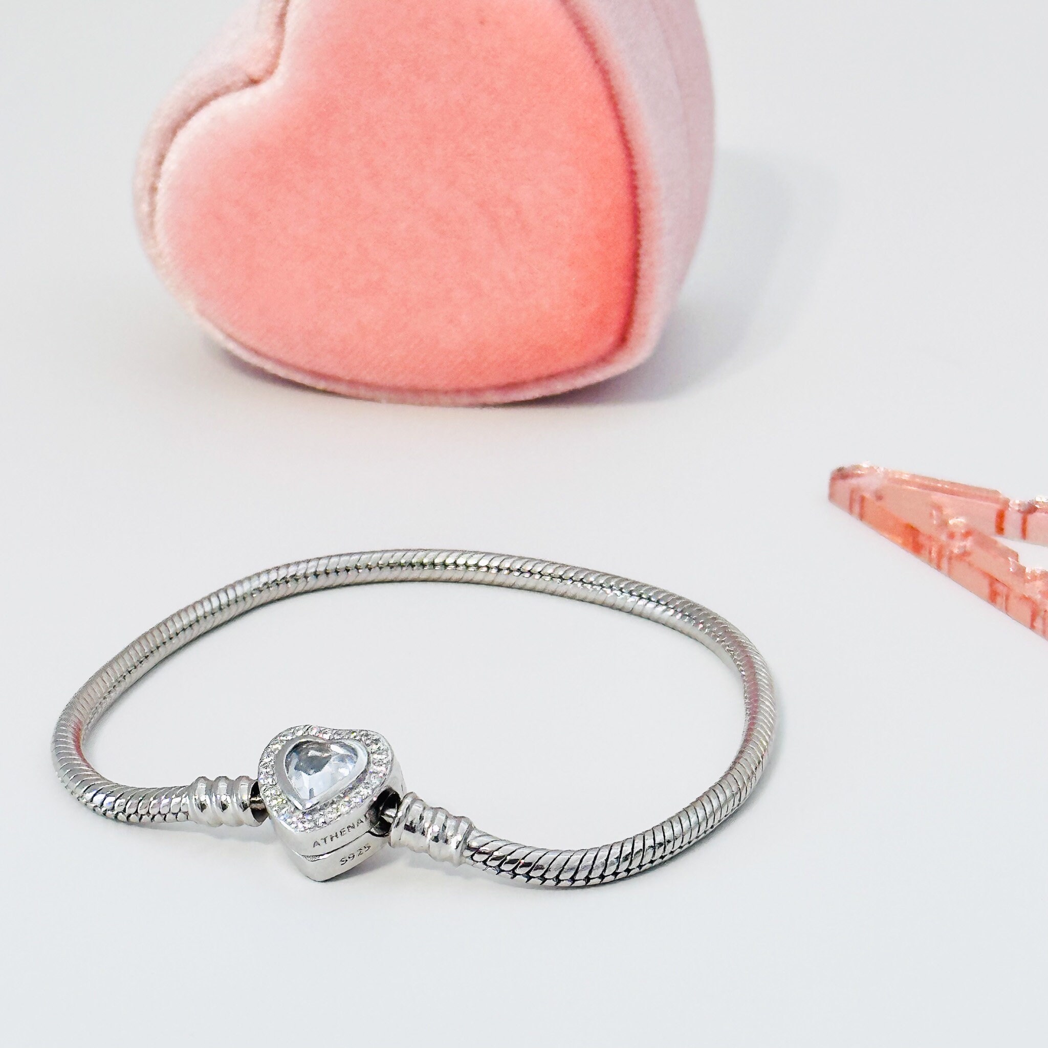 925 Sterling Silver Crystal Heart Bracelet Snake Chain Style Fits Charm Beads