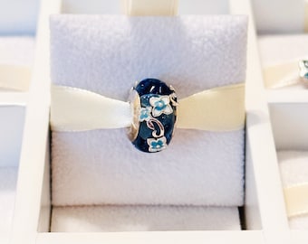 925 Sterling Silver Blue Murano Glass With Flowers Charm Bead Fits Charm Bracelets And Bangles