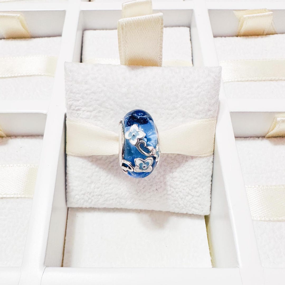925 Sterling Silver Blue Murano Glass With White Flowers Charm Fits ...