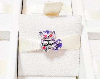 925 Sterling Silver Alice In Wonderland Cheshire Cat Charm With Heart Watch Fits Pandora Charm Bracelets And Bangles