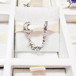 925 Sterling Silver Star, Sun And Moon Safety Chain Charm Fits Pandora Charm Bracelets And Bangles