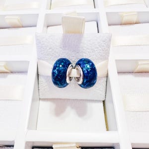 925 Sterling Silver Dark Blue With Green Sparkles Murano Glass Charm Fits Pandora Bracelets And Bangles