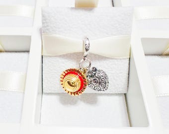 925 Sterling Silver One Piece Luffy Hat And Burning Fruit Dangle Charm Fits Pandora Charm Bracelets And Bangles