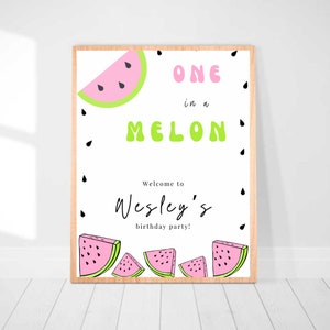 One In a melon welcome poster girl first birthday welcome sign summer birthday theme watermelon birthday instant download editable print