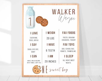 One Sweet Boy Cookies y Milk First Boy Birthday Milestone Poster Board Stat Board Cookies decoración de cumpleaños editable imprimible digital