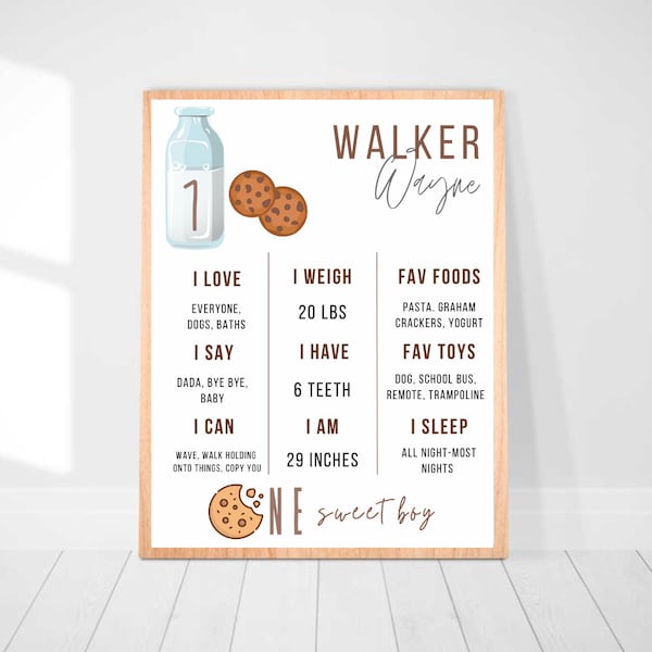One Sweet Boy Cookies and Milk First Boy Birthday Milestone Poster Board Stat Board Cookies birthday decor editable printable digital