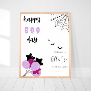 Feliz cumpleaños de niña, póster morado espeluznante de Halloween, ideas para cumpleaños de otoño, decoración de Halloween, imprimible y editable.