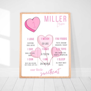 Our Little Sweetheart Valentines Birthday Stat Board Sign - Poster - Printable - Editable - Digital Download - Baby Girl Birthday