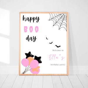 Happy Boo Tag rosa Halloween Geburtstag Thema Halloween Mädchen Geburtstag spooky Geburtstag Oktober Geburtstag Herbst Geburtstag editierbar druckbare Poster