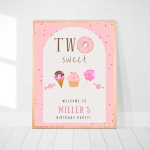 Two Sweet second birthday party donuts cupcakes sprinkles cotton candy birthday decor girl birthday party welcome sign editable printable