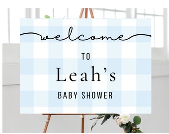 Baby Boy Baby Shower Welcome Sign - Baby Boy Baby Shower Decor - Blue Gingham Baby Shower - Editable - Printable - Digital Download