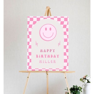 Smiley face birthday girl pink groovy smiley birthday sign retro girl birthday poster digital instant download editable printable poster