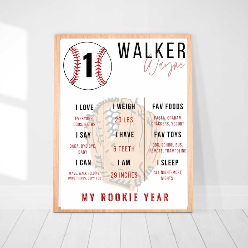Rookie Year Boy First Birthday Milestone Poster Stat Board Baseball ...