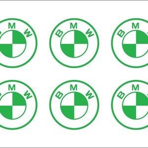 Puede incluir: Seis logotipos BMW verdes y blancos sobre un fondo blanco. Cada logotipo es un c&iacute;rculo con las letras "B", "M" y "W" alrededor de un dise&ntilde;o de cuatro cuadrantes.