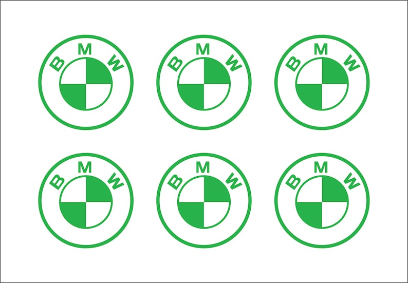 Puede incluir: Seis logotipos BMW verdes y blancos sobre un fondo blanco. Cada logotipo es un c&iacute;rculo con las letras "B", "M" y "W" alrededor de un dise&ntilde;o de cuatro cuadrantes.