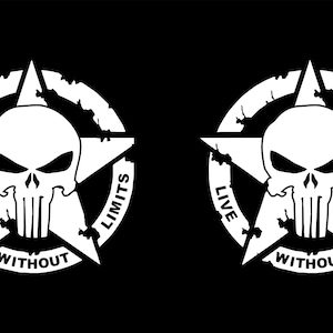 Op de afbeelding: Twee witte vinyl stickers met een verweerd ster- en schedelontwerp. De tekst "Live Without Limits" staat rond de ster.