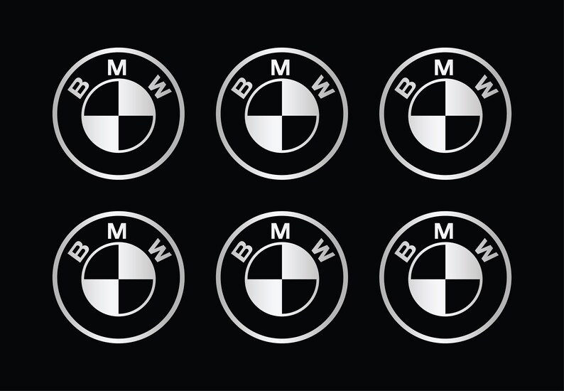 Puede incluir: Seis logotipos BMW de color plateado sobre un fondo negro. Cada logotipo presenta las letras "BMW" con la "M" en el centro y un patr&oacute;n de cuadros blancos y negros.