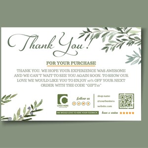 Cartões de agradecimento e cartões postais personalizados com designs exclusivos, encartes de embalagem de agradecimento, cartões com código de desconto, cartões de felicitações personalizáveis