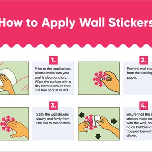 Puede incluir: Cuatro pasos ilustrados sobre c&oacute;mo aplicar pegatinas de pared. Los pasos incluyen limpiar la pared, despegar la pegatina del papel de respaldo, pegar la pegatina a la pared y alisar las burbujas de aire.