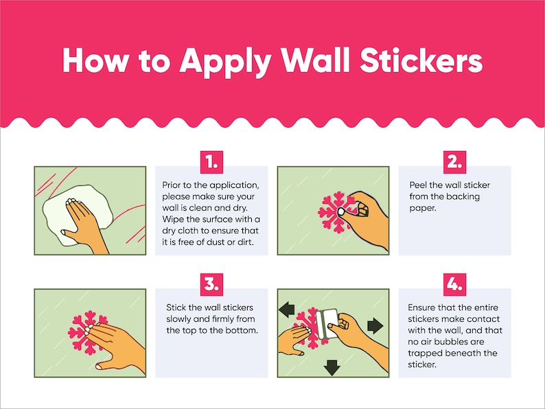 Puede incluir: Cuatro pasos ilustrados sobre c&oacute;mo aplicar pegatinas de pared. Los pasos incluyen limpiar la pared, despegar la pegatina del papel de respaldo, pegar la pegatina a la pared y alisar las burbujas de aire.