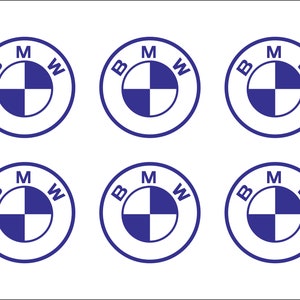 Puede incluir: Seis logotipos BMW azules y blancos sobre un fondo blanco. Cada logotipo es un c&iacute;rculo con las letras "BMW" alrededor del exterior y un s&iacute;mbolo en forma de h&eacute;lice azul y blanco en el interior.