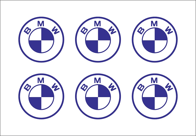 Puede incluir: Seis logotipos BMW azules y blancos sobre un fondo blanco. Cada logotipo es un c&iacute;rculo con las letras "BMW" alrededor del exterior y un s&iacute;mbolo en forma de h&eacute;lice azul y blanco en el interior.