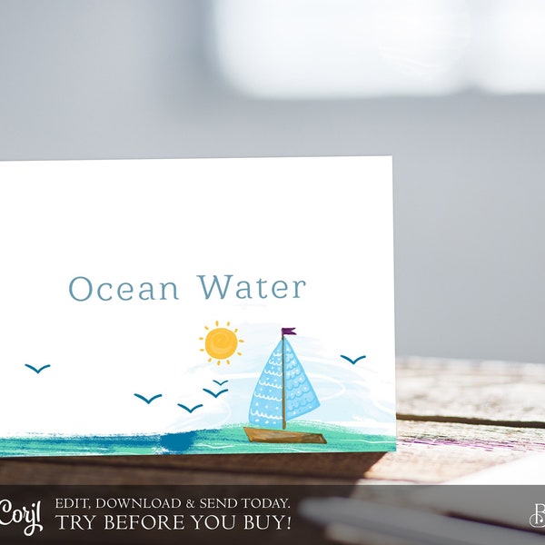 Come Sail Away Birthday Party Food Name Place Card Tents Digital Template Corjl Printable Evite