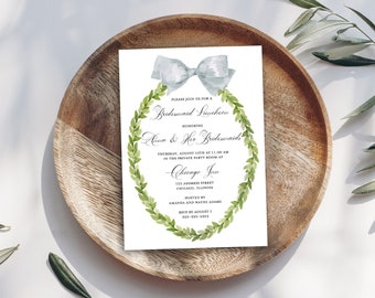 Corona de acuarela y lazo despedida de soltera invitación al almuerzo de dama de honor plantilla digital Corjl imprimible