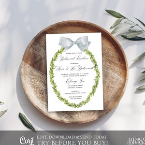 Watercolor Wreath and Bow Bridal Shower Bridesmaid Luncheon Invitation Digital Template Corjl Printable