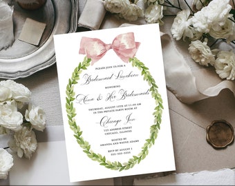 Pink Watercolor Wreath and Bow Bridal Shower Bridesmaid Luncheon Invitation Digital Template Corjl Printable