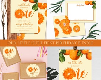 May include: Orange themed first birthday party printable bundle with a yellow background. The bundle includes a birthday invitation, thank you card, and a sign that says "Our little cutie is turning one".