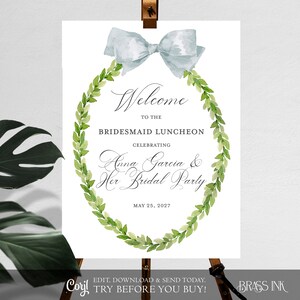 Watercolor Wreath and Bow Bridal Shower Bridesmaid Luncheon 18 x 24 Sign Poster Digital Template Corjl Printable