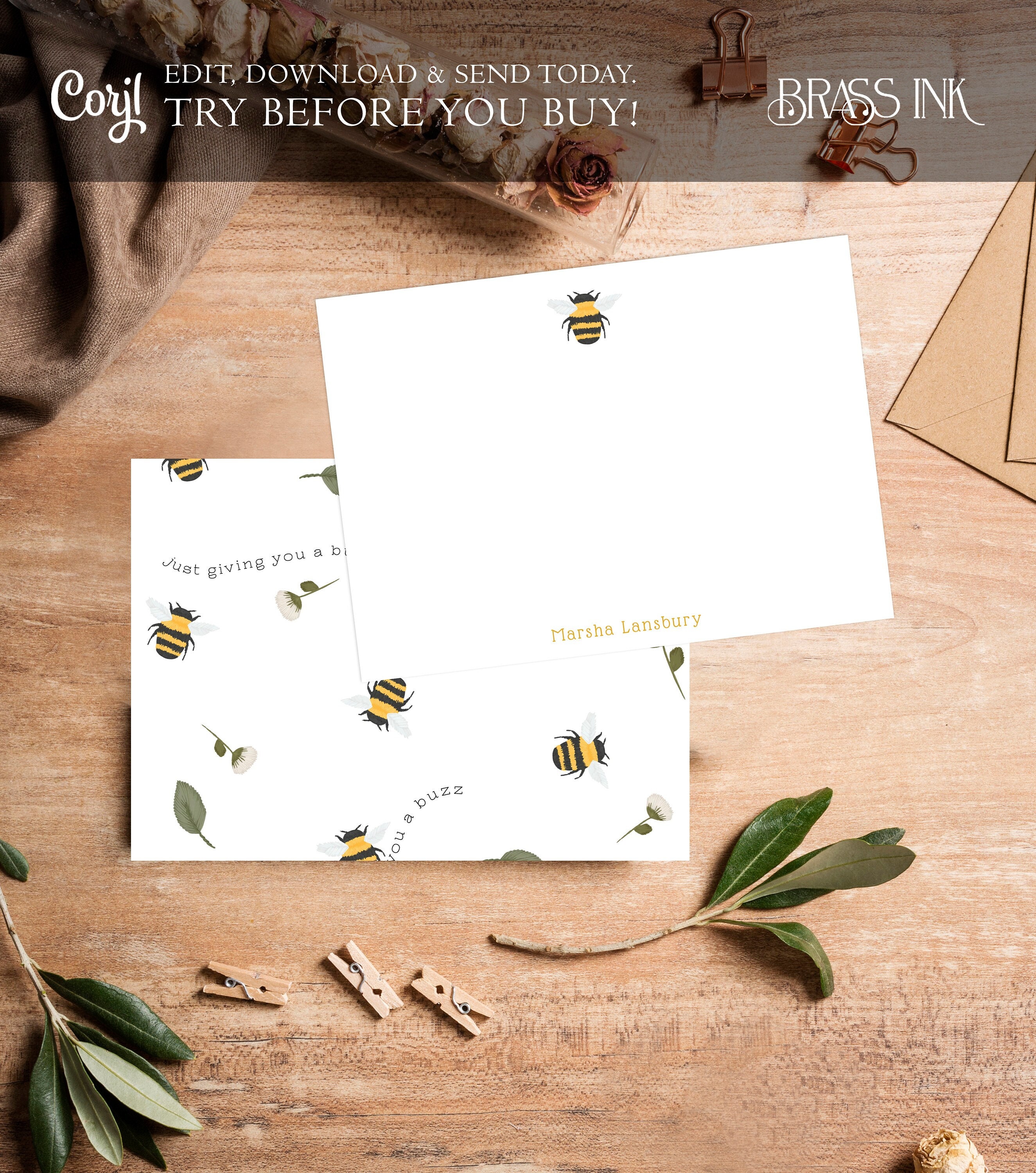 Giving You A Buzz Stationery Note Card Digital Template Corjl Printable ...