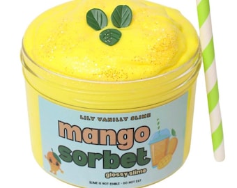 Mango Sorbet Glossy Slime, Scented Slime with Glitter & Leaves