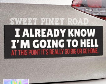 May include: A black bumper sticker with white text that reads "I ALREADY KNOW I'M GOING TO HELL" and "AT THIS POINT IT'S REALLY GO BIG OR GO HOME." The sticker is on a silver car.